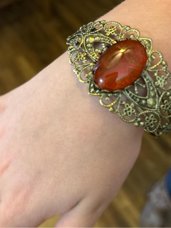 Handmade Jewelry - Handmade Vintage-Inspired Gold Filigree Bracelet with Amber Red Stone